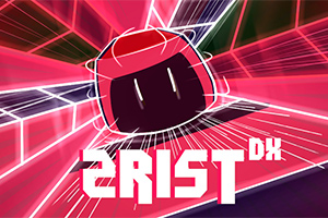 Ilustrace s červeným objektem ve tvaru kostky, který se pohybuje futuristickým tunelem s neonovými světly a nápisem ZRIST DX