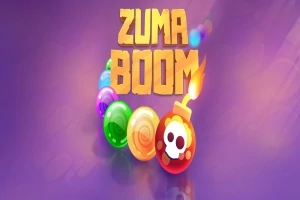 Barevné koule a bomba s lebkou na fialovém pozadí s nápisem Zuma Boom