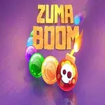 Barevné koule a bomba s lebkou na fialovém pozadí s nápisem Zuma Boom
