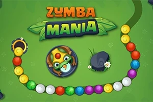 Barevné kuličky v řadě na herním pozadí s žábou a nápisem Zumba Mania