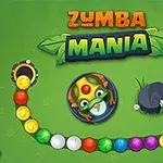 Barevné kuličky v řadě na herním pozadí s žábou a nápisem Zumba Mania
